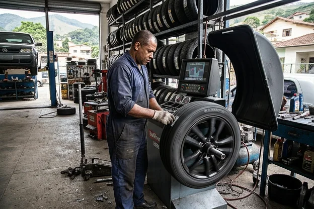 Mecânico equilibrando a roda de um carro em uma borracharia.