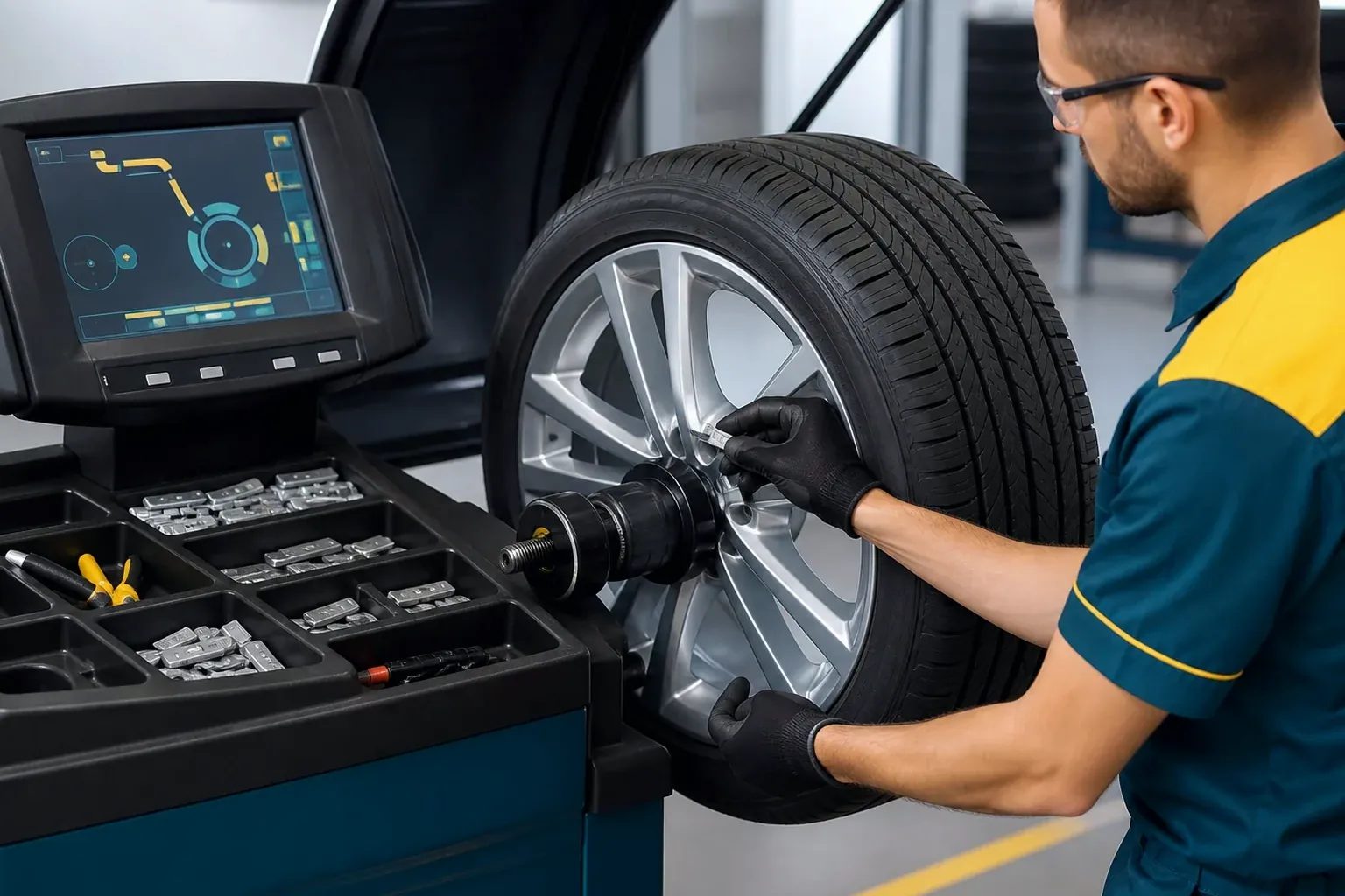Mecânico fazendo balanceamento das rodas de um carro.