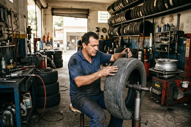 Profissional analisando pneus desgastados em uma borracharia.