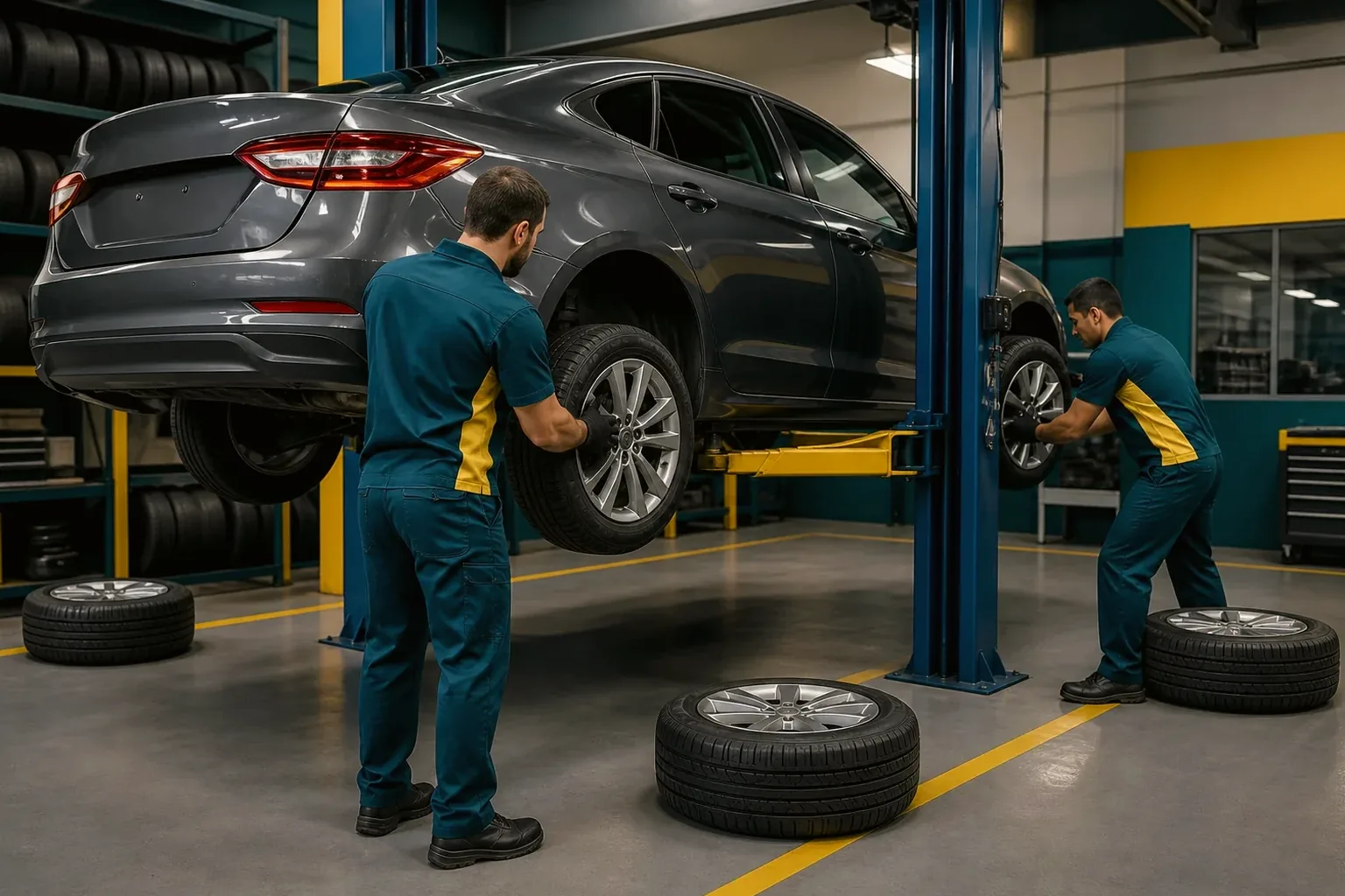 Profissional realizando rodízio de pneus em um carro.