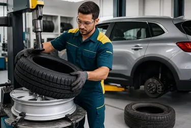 Profissional trocando o pneu de um carro em uma borracharia.