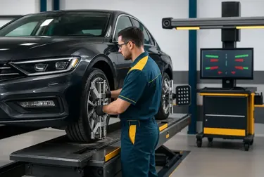 Técnico ajustando o alinhamento de rodas em um veículo.