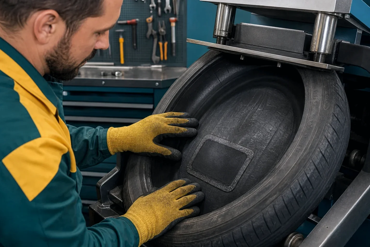 Técnico realizando vulcanização de um pneu.